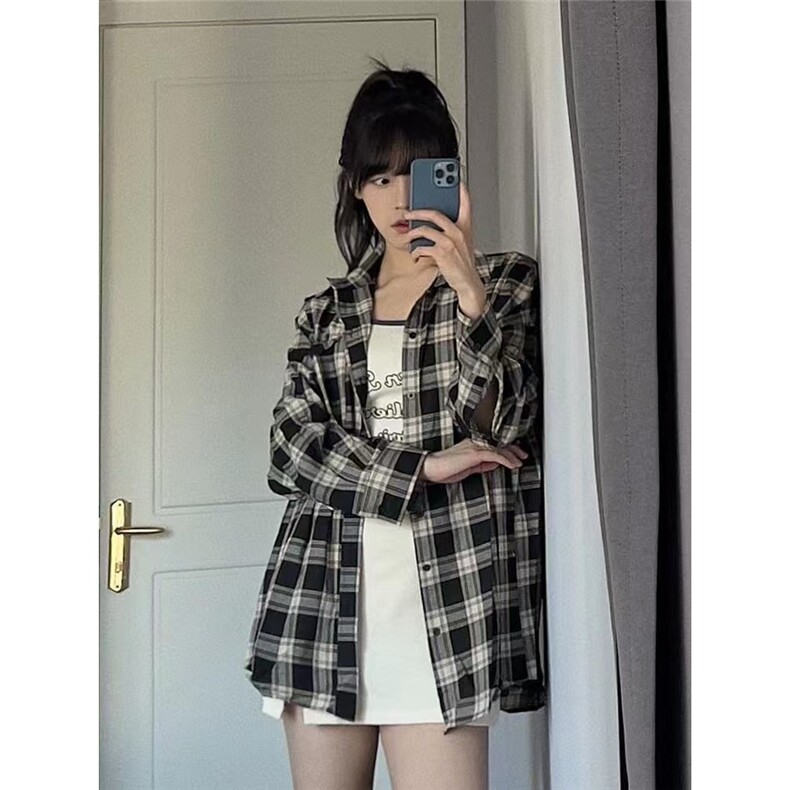 格子防晒衬衫女秋季bf慵懒风衬衣外套设计感小众长袖上衣图片