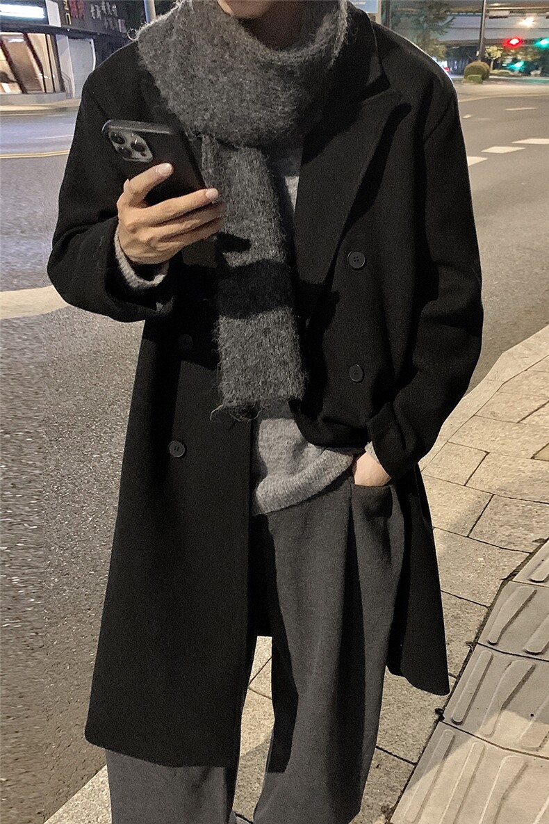 23029P128新品冬季韩版毛呢大衣男士过膝中长款宽松风衣呢子外套,男装风衣,电商A430（原星座702）