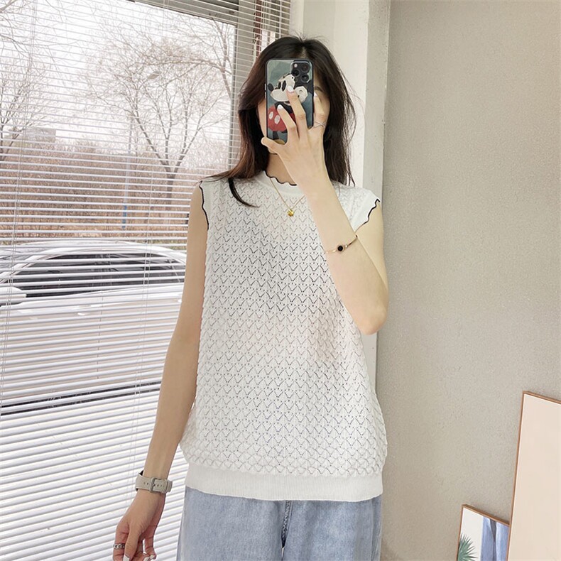 套头纯色圆领无袖时尚气质2024年夏季针织衫，女装背心吊带，鹏源羊绒