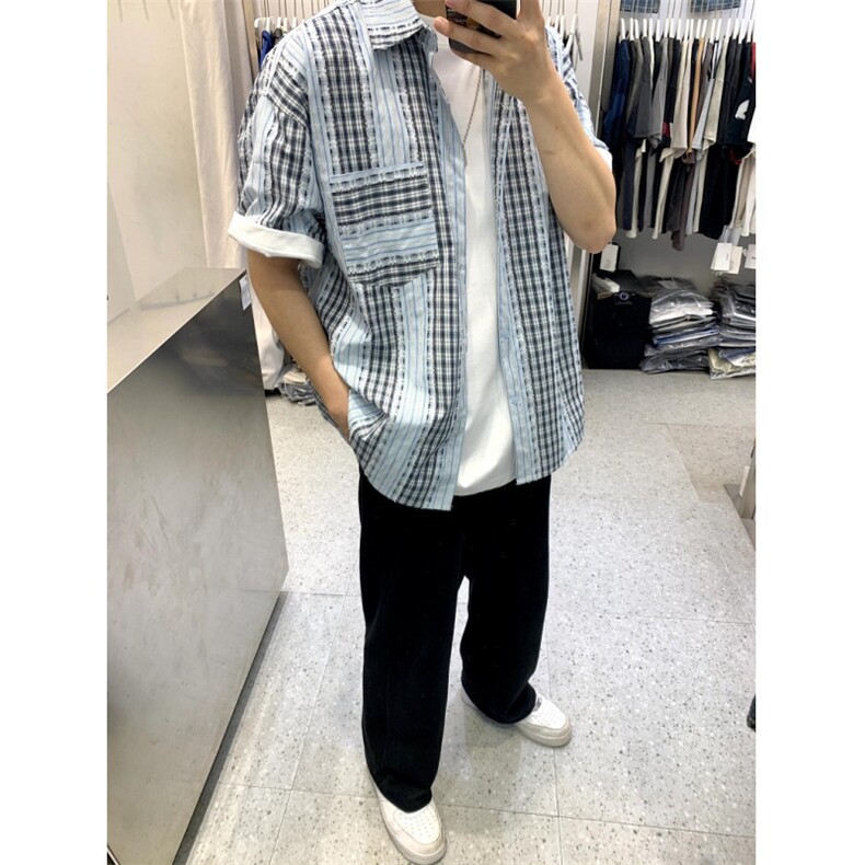 格子衬衫男长袖夏季薄款宽松寸衫港风休闲衬衣外套 C5014图片