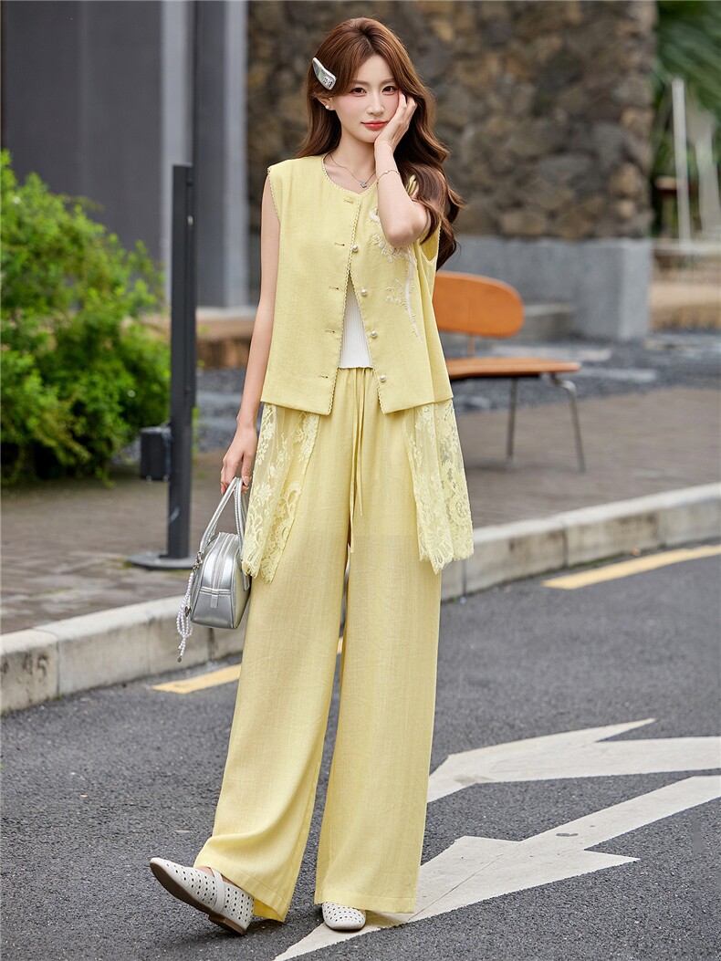 老钱风无袖蕾丝刺绣马甲阔腿裤两件套女2026夏季新款松弛感套装,女装套装/套裙,伊仟回