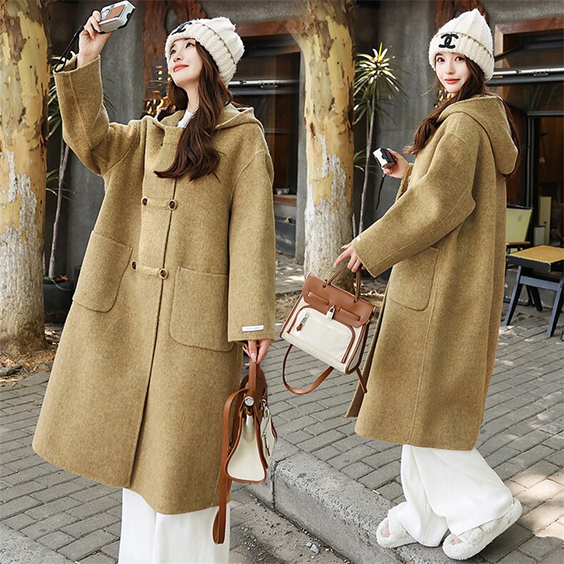 时尚连帽羊绒大衣女秋冬季新款宽松显瘦长款外套气质百搭毛呢大衣，女装双面呢大衣，橙子家