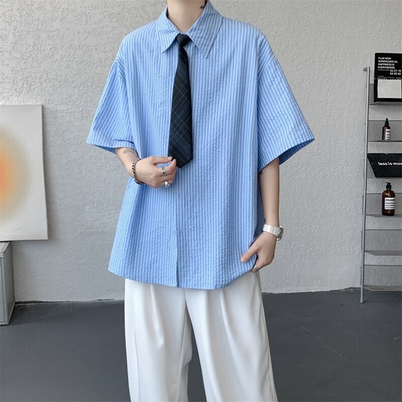 学院风jk领带条纹短袖衬衫大码休闲上衣高级感半袖衬衣DC5010/P55图片