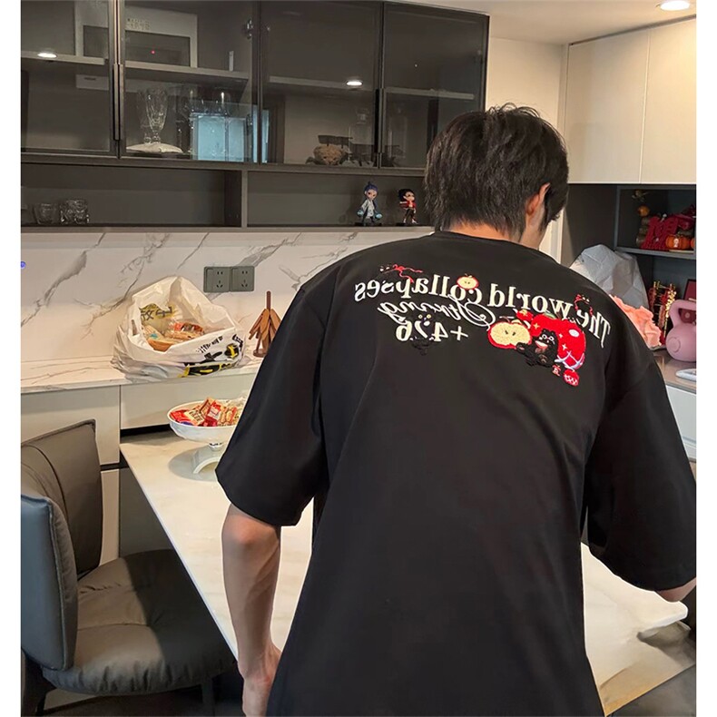 抖音得物供货210克现货宽松纯棉美式潮牌印花落肩袖纯棉T恤AT2162图片
