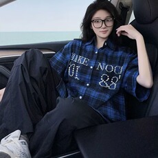 美式复古钉珠格子短袖衬衫男女高街夏季宽松情侣设计感珍珠衬衣潮，男装衬衫，星座1210-1