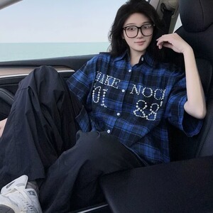 美式复古钉珠格子短袖衬衫男女高街夏季宽松情侣设计感珍珠衬衣潮图片
