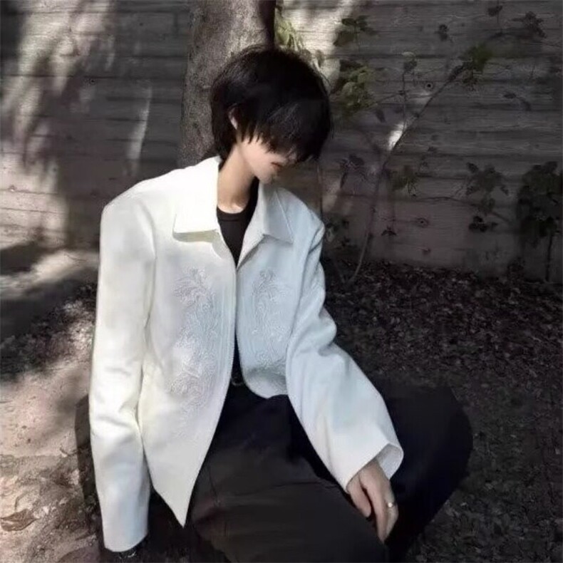 春秋季美式复古刺绣翻领垫肩夹克男高级感痞帅宽松外套潮，男装夹克，星座506A
