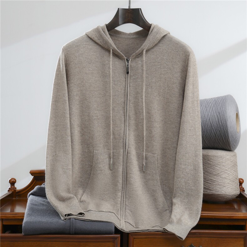 2025百搭时尚简约拉链抽绳连帽款羊绒衫，男装羊绒套衫，忠诺羊绒