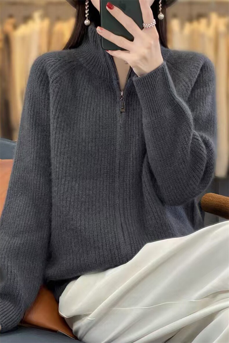 重磅加厚拉链开衫女毛衣外套2025新款宽松显瘦长袖保暖针织毛衫新,针织衫/毛衣,萱芳婷羊绒
