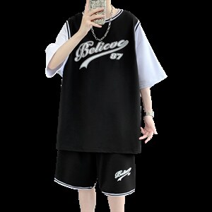 纯棉夏季短袖T恤套装青少年宽松潮流篮球服两件套男装F312P60控89图片