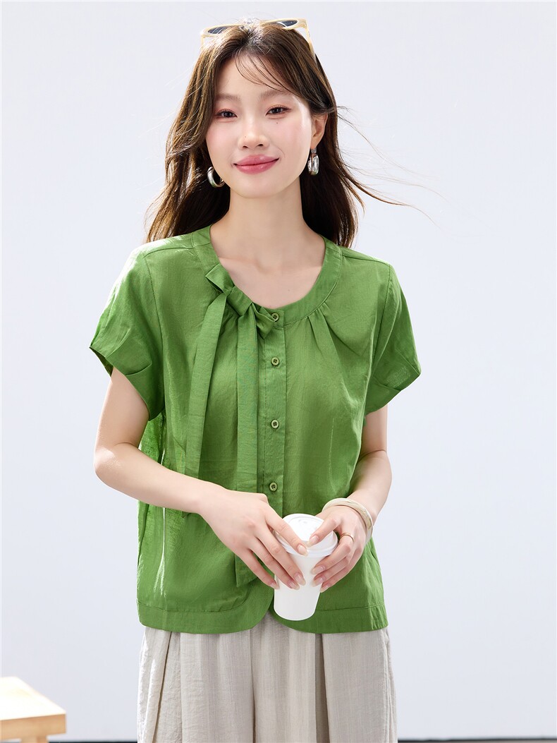 2026年夏季蝴蝶结领口纯色短袖宽松苎麻棉小衫上衣,女装衬衫,简韵佳