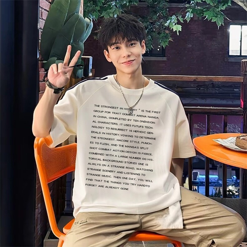 抖音得物高品质二开240克宽松纯棉美式潮牌三条杠织带短袖T恤，男装T恤，电商A486-1