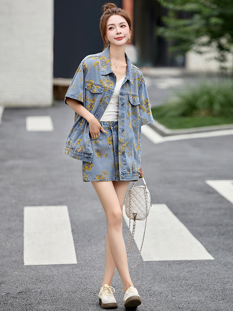 日本代购港风复古时髦印花牛仔套装女夏独特甜酷小个子短裙两件套,女装套装/套裙,仟媚宠