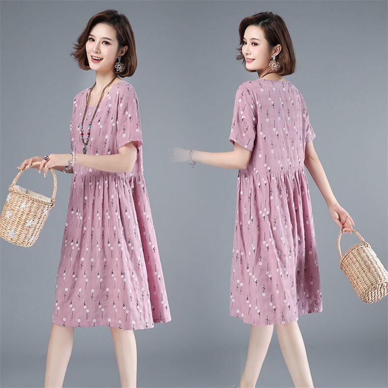 2021年夏季通勤韩版中长款A字裙小碎花妈妈装高腰短袖圆领裙子,女装连衣裙,伊满意