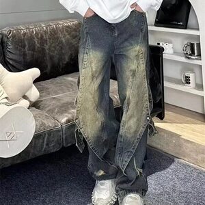 美式高街重工做旧水洗牛仔裤男解构拼接设计直筒阔腿裤88933-p55图片