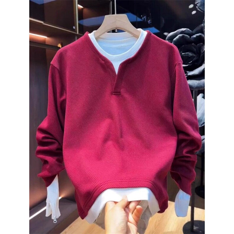 WY867R-P65加绒假两件撞色圆领卫衣男痞帅宽松长袖打底衫上衣,男装卫衣,星座215（原电商B249）