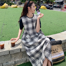 法式复古格子无袖背心连衣裙女2025春季新款时尚宽松显瘦气质长裙，女装连衣裙，2C216