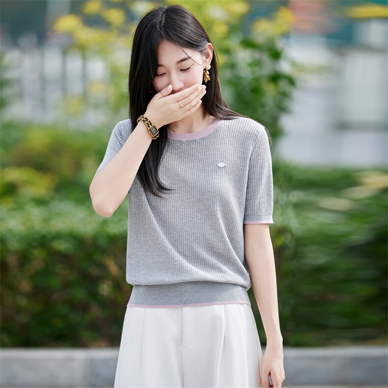 撞色圆领冰丝针织短袖T恤女2025夏季轻薄透气宽松显瘦上衣小衫t恤,针织衫/毛衣,昭美羊绒