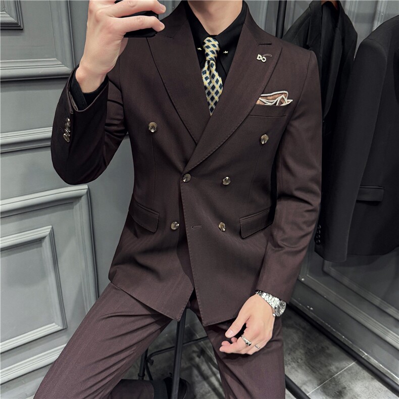 高品质~厚款暗条纹色织高档双排扣西装三件套西服男SJT8068-P295图片