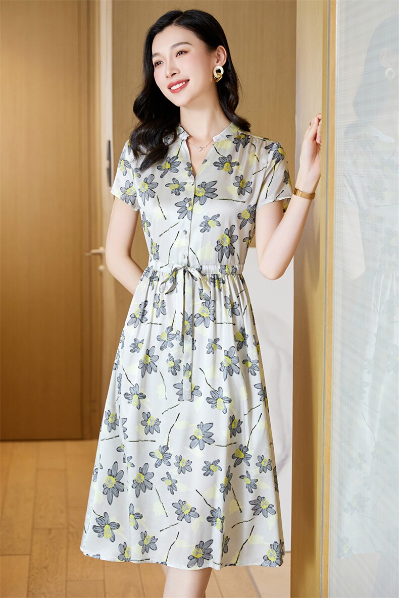 轻熟风印花真丝连衣裙女夏季2024新款大码遮肚子显瘦桑蚕丝裙子夏,女装连衣裙,阿舍尔精品
