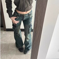 复古低腰口袋工装微喇叭裤子女2025年春秋辣妹设计感工装牛仔裤潮，男装牛仔裤，星座1210-1