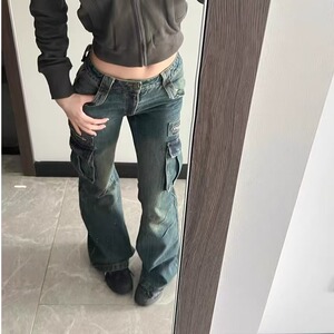 复古低腰口袋工装微喇叭裤子女2025年春秋辣妹设计感工装牛仔裤潮图片