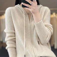 25秋冬新款100%羊毛连帽拉链开衫女羊绒针织宽松百搭坑条上衣外套，女装针织衫/毛衣，萱芳婷羊绒