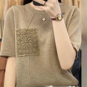 短袖T恤女士2025新款夏季高级感重工上衣宽松大码女装冰丝针织衫图片