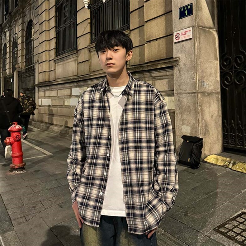 2025秋季美式宽松格子男女情侣长袖衬衫外套CS001-P55控69棉，男装衬衫，星座1004-3