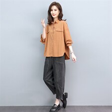 新款宽松春秋时尚衬衫水洗刺绣牛仔裤套装，女装套装/套裙，叶笙衣
