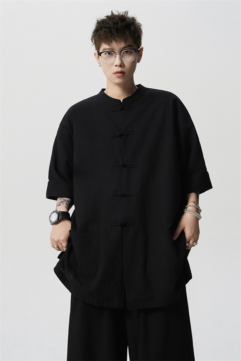 8XL-M新中式衬衫男中山装麻棉风复古中袖衬衣唐装CS527P60,男装衬衫,电商D206-1