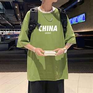 2024夏季新款宽松大码港风CHINA印花运动短袖纯棉T恤T1916-P22,男装T恤,星座508（原C305）