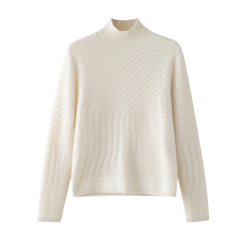 2025年秋季新款半高双层全身纹针织上衣时尚休闲通勤百搭，女装羊绒衫，绒创羊绒