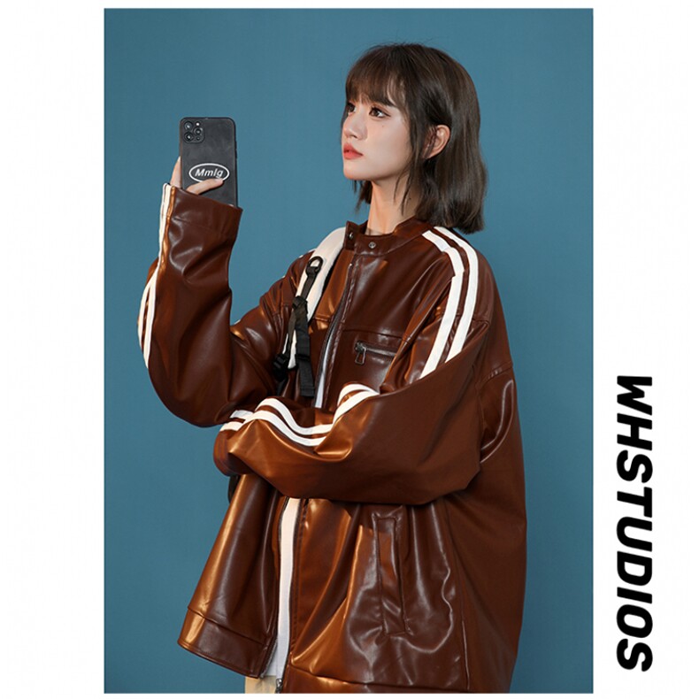 高品质美式条纹小立领PU皮衣情侣机车服夹克外套JK2315-P98控128图片