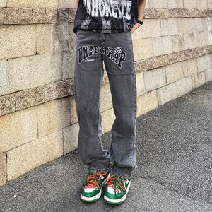 牛仔裤男夏季潮大码休闲裤子高街设计刺绣B13P50图片