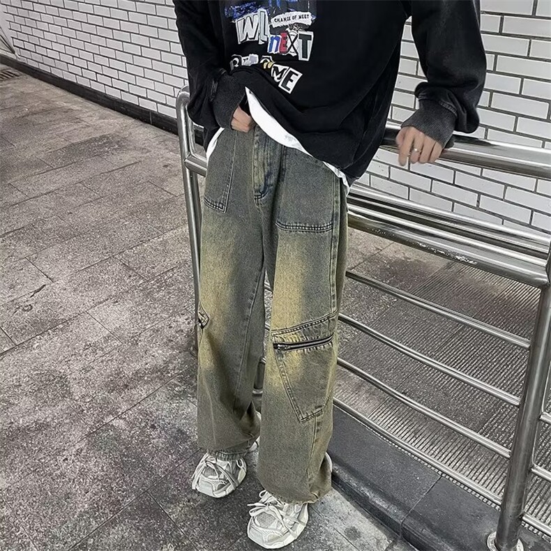 港风高街做旧痞帅牛仔裤男ins高街潮牌复古休闲宽松裤N8036-P53图片