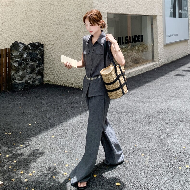 韩系高级感深灰色马甲套装女2025年夏季新款减龄显瘦阔腿裤两件套,女装套装/套裙,蝶眷