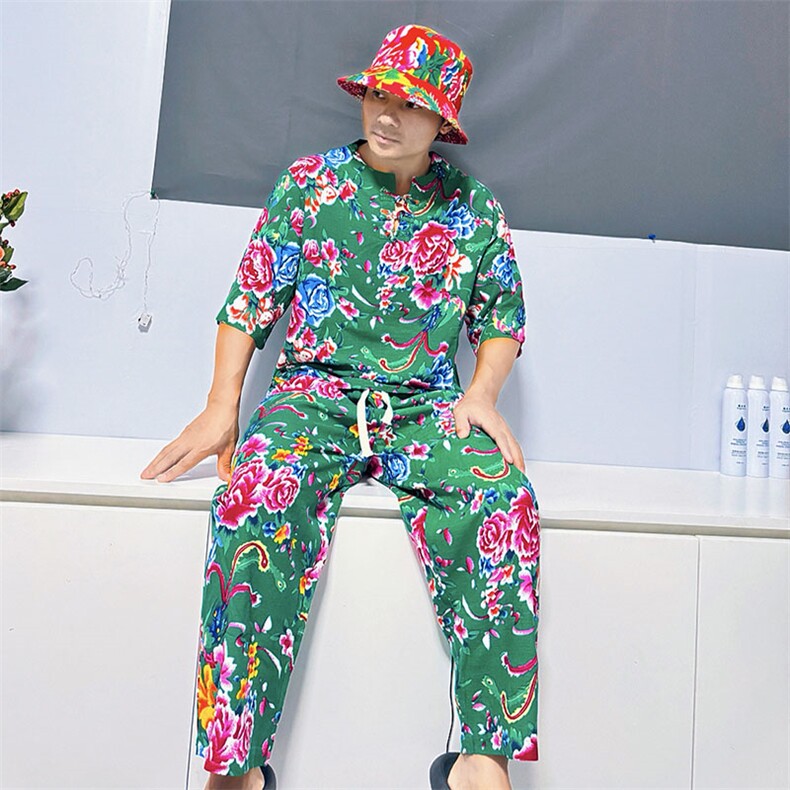 TZ340男士夏秋风大花套装大码宽松凉爽透气个性外套可作睡衣,男装休闲套装,星座115A-2