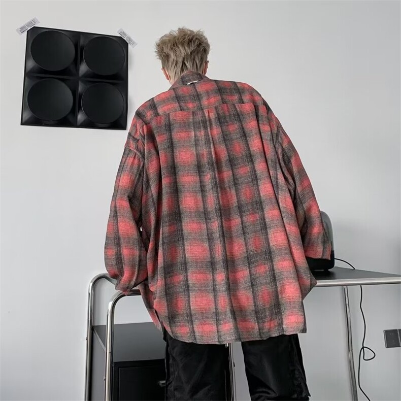 港风ins格子衬衫男士长袖潮流帅气上衣休闲情侣衬衣外套C140/P40,男装衬衫,星座506