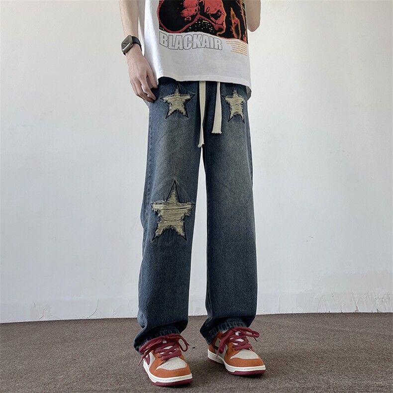 2025春夏新款破洞五角星宽松牛仔裤A316-1-K1215P68控88,男装牛仔裤,星座906（原电商a316-1）