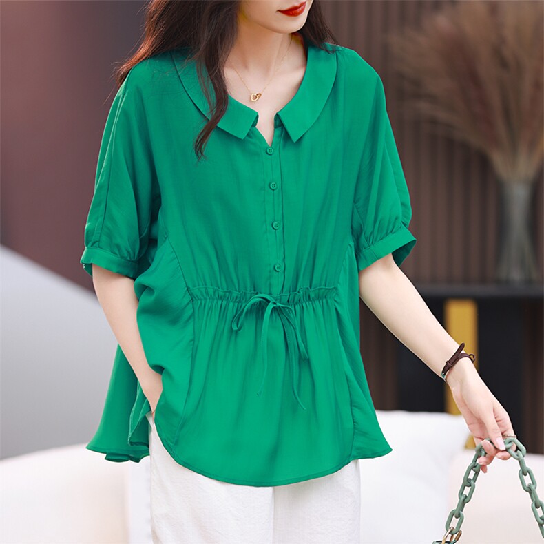 现货小众设计2023夏季新款宽松时尚简约纯色小翻领短袖，女装衬衫，深水步