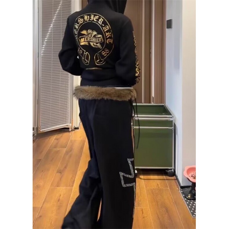 美式高街高腰阔腿裤黑色裤子女2025秋季新款毛领卫裤休闲裤长裤子,男装休闲裤,四季星座505