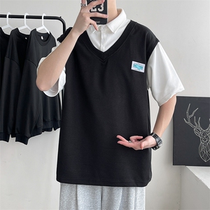 夏款男假两件T恤短袖贴标华夫格休闲五分袖外套T231P35