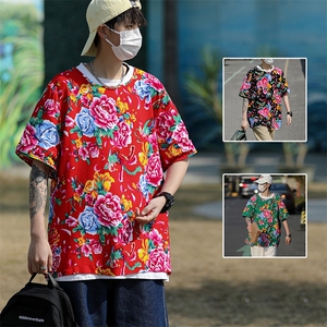 HT202男士夏大码人棉大花红黑圆领短袖透气凉爽TEE恤棉纱风