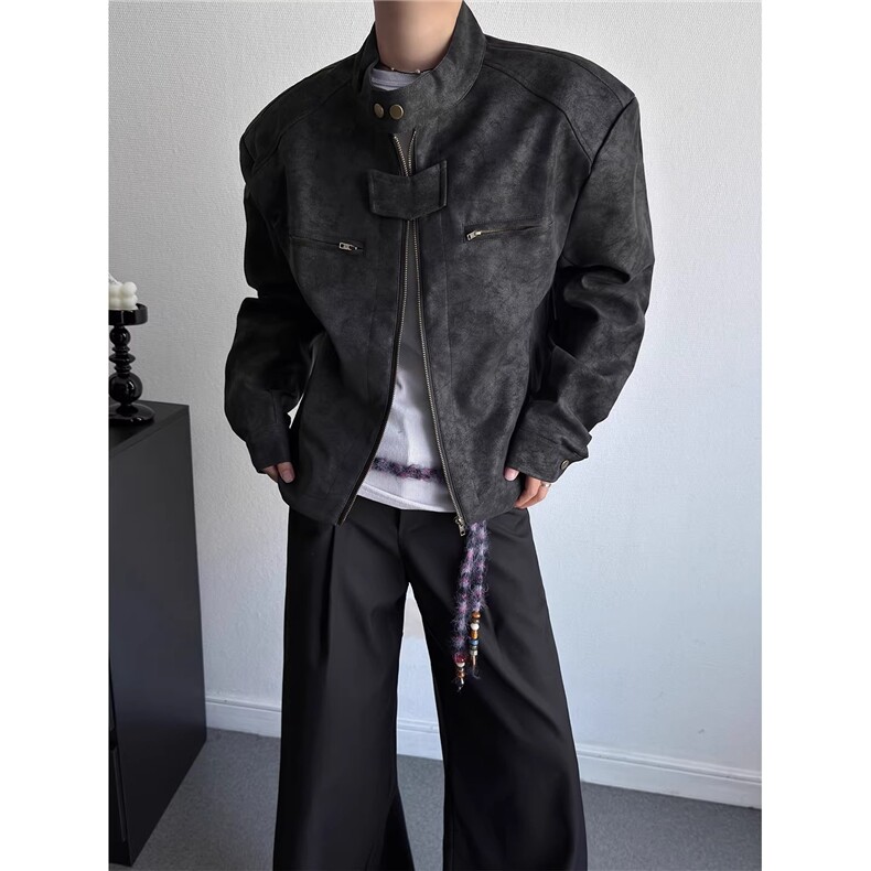 1506/Q25830/P65灰色皮衣外套男春秋美式复古机车骑行服飞行外套，男装皮衣，星座1506