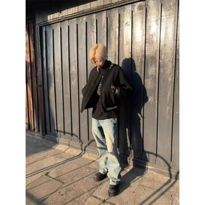 毛呢棒球服高品质美式复古休闲百搭短款显高秋冬外套男图片