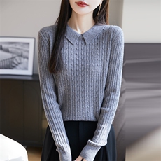 24秋冬100%纯羊毛衫女POLO领麻花针织毛衣宽松百搭羊绒衫打底上衣，女装羊毛衫，朝思羊绒