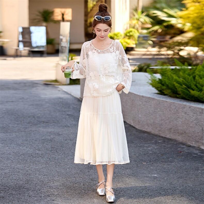 小香风套装女2025春夏新款防晒蕾丝上衣波西米亚网纱半身裙两件套,女装套装/套裙,意芙
