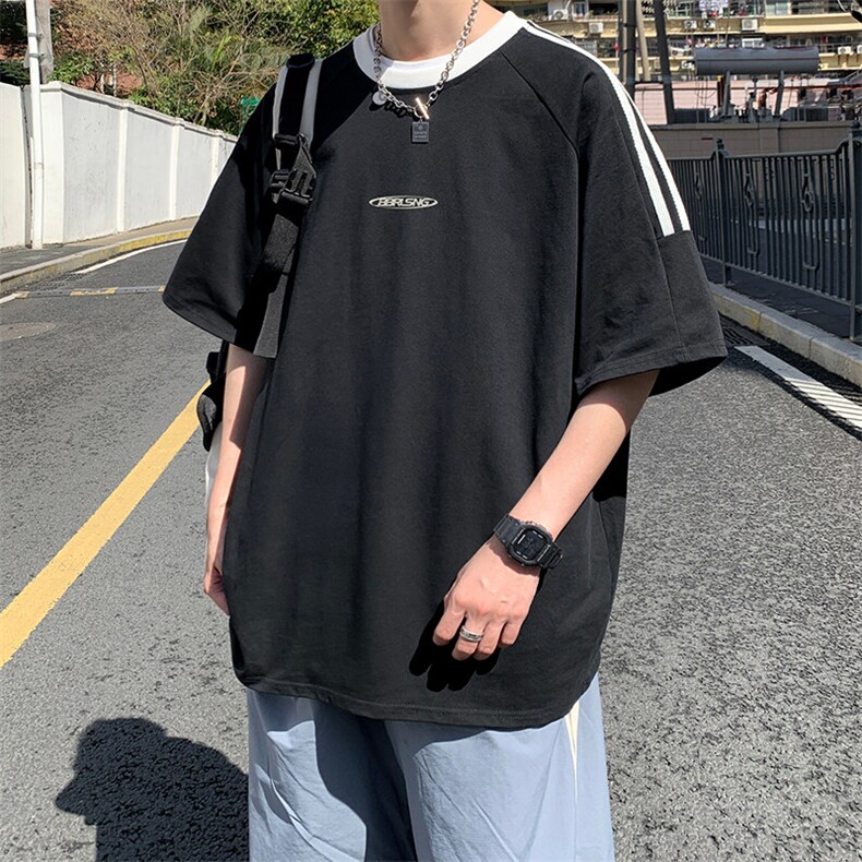 夏季美式高街重磅纯棉三条杠织带撞色男女短袖T恤ZD643-特P30,男装T恤,电商A486-1