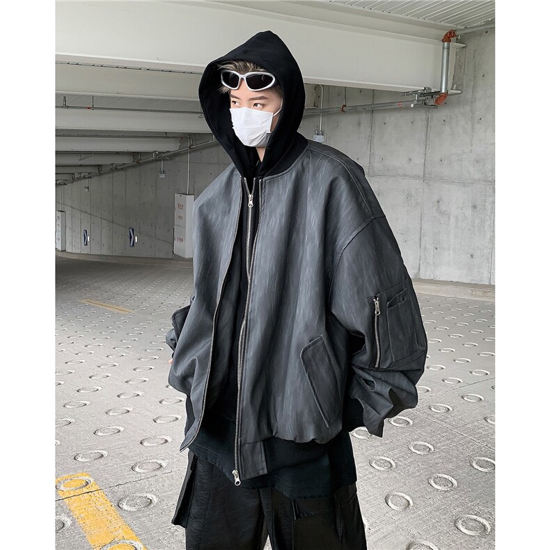 高级黑灰纹理连帽假两件皮夹克男款宽松百搭外套pu皮衣W5916-P82，男装夹克，星座412-3